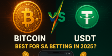 usdt and bitcoin logos in a versus style