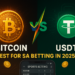 usdt and bitcoin logos in a versus style