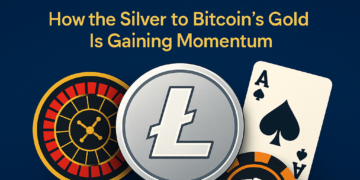 Infographic showing Litecoin logo, roulette wheel and Ace of Spade.