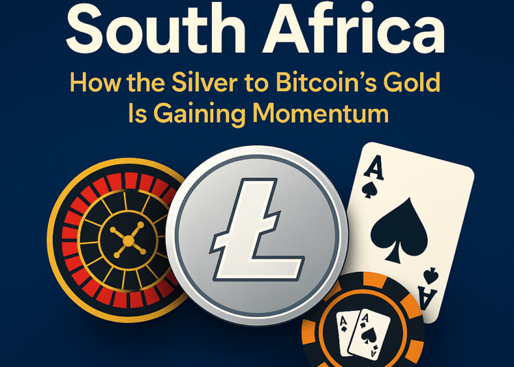 Infographic showing Litecoin logo, roulette wheel and Ace of Spade.