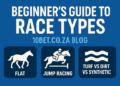 icons representing different horse racing types: a horse walking labeled 'Flat', a horse with a jockey jumping over an obstacle labeled 'Jump Racing', and wavy track lines labeled 'Turf vs Dirt vs Synthetic'