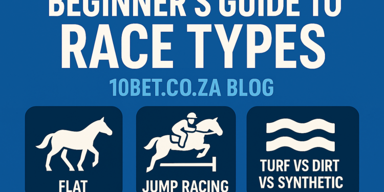 icons representing different horse racing types: a horse walking labeled 'Flat', a horse with a jockey jumping over an obstacle labeled 'Jump Racing', and wavy track lines labeled 'Turf vs Dirt vs Synthetic'