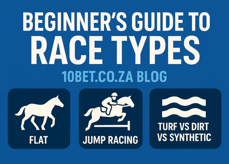 icons representing different horse racing types: a horse walking labeled 'Flat', a horse with a jockey jumping over an obstacle labeled 'Jump Racing', and wavy track lines labeled 'Turf vs Dirt vs Synthetic'