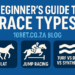 icons representing different horse racing types: a horse walking labeled 'Flat', a horse with a jockey jumping over an obstacle labeled 'Jump Racing', and wavy track lines labeled 'Turf vs Dirt vs Synthetic'